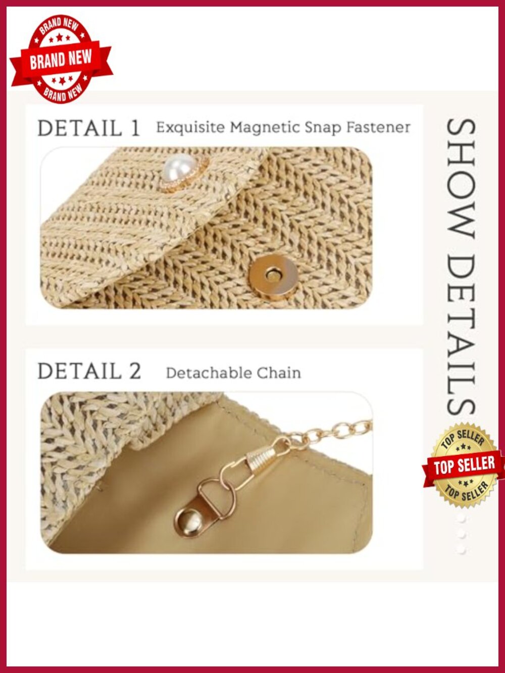 Woven Straw Clutch Purse with Pearl Detail Evening Bag Small Beach Handbag - Picture 4 of 6
